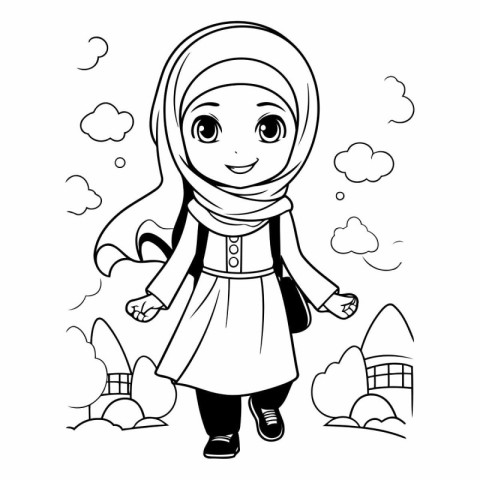 Muslim girl in traditional clothes. black and white vector illus