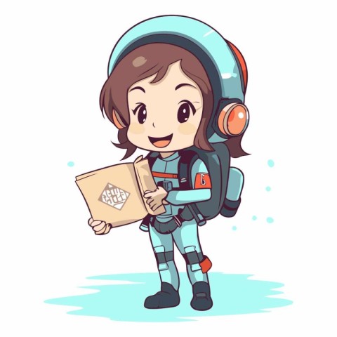 Astronaut girl in space suit with box. Cute vector illustration.