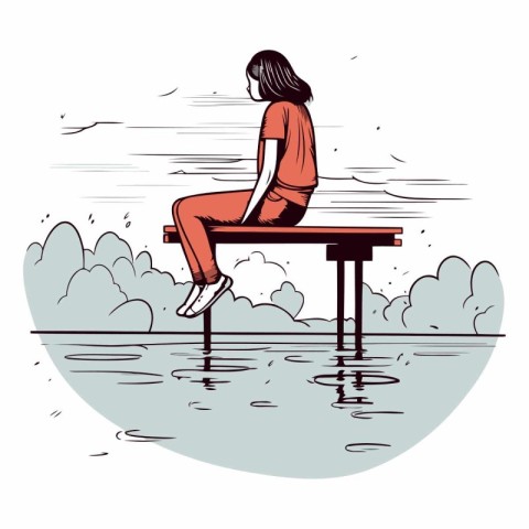 Girl sitting on a bench and looking at the lake