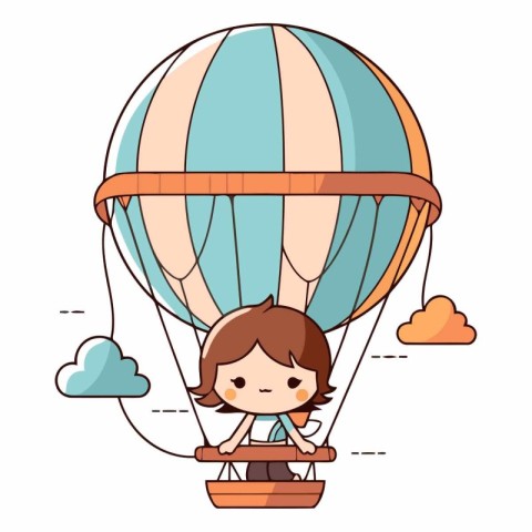 cute little girl flying in hot air balloon cartoon vector illust