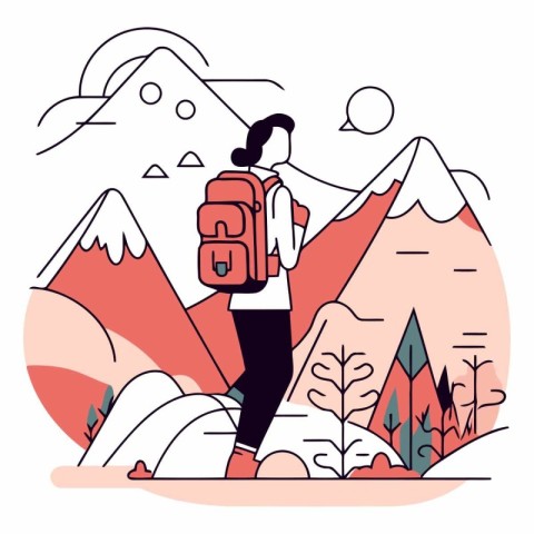 Tourist woman with a backpack in the mountains.