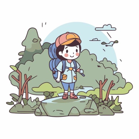 Illustration of a little boy with a backpack hiking in the fores