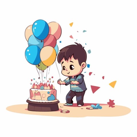 Cute little boy with birthday cake and balloons.