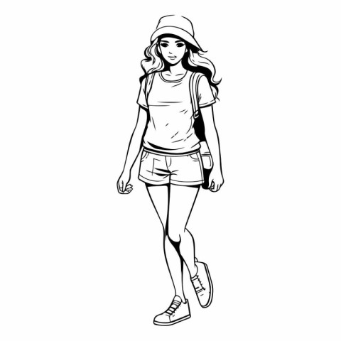 Vector illustration of a girl with a backpack in shorts and a ca