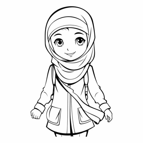 Cute Muslim girl with hijab in outline style.