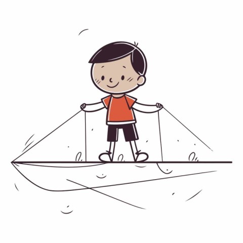 Cute little boy playing on a paper boat.