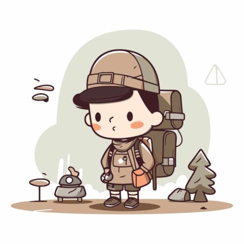 Boy scout wearing a hat and backpack in the camp.