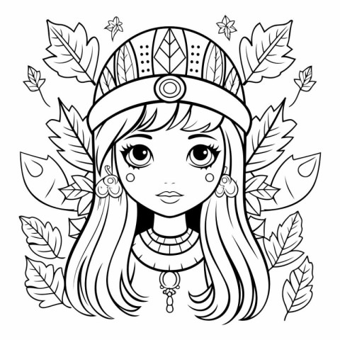 Beautiful girl in Indian headdress for coloring book.