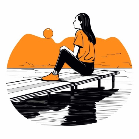 Girl sitting on a bench by the sea and playing ball.