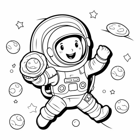 Cartoon astronaut in space. black and white vector illustration