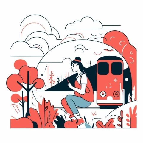 Vector illustration of a girl on the background of the landscape