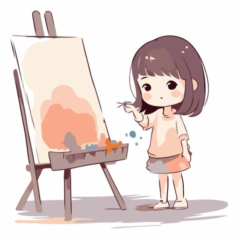 Cute little girl painting on easel. Vector cartoon illustration.