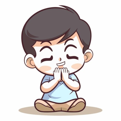 Boy praying with his hands on his chin. Cute cartoon vector illu