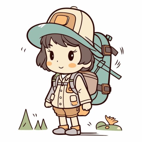 Cute cartoon explorer girl with backpack and hat.