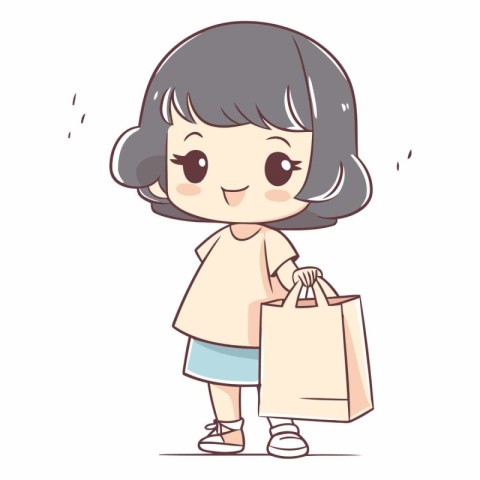 Illustration of a Cute Girl Holding a Bag of Groceries