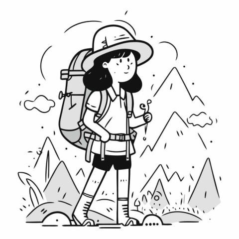 Illustration of a Hiking Girl with a Backpack in the Mountains