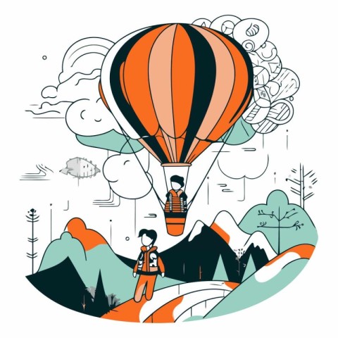 Vector illustration of a man flying on a hot air balloon over th