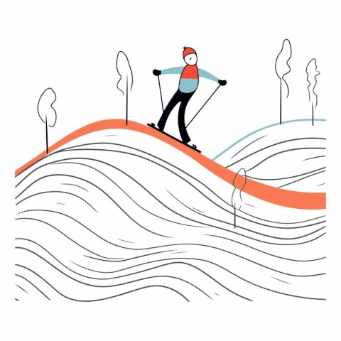 Vector illustration of skier on ski slope. Line art style design