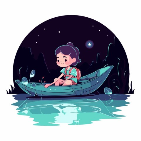 Boy in a canoe on the river at night.