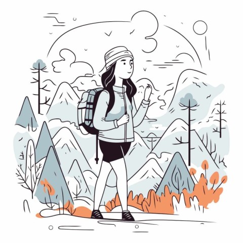 Hiking girl with backpack and map in the mountains