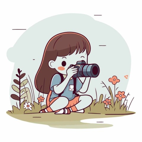 Little girl taking photos with a camera in cartoon style.