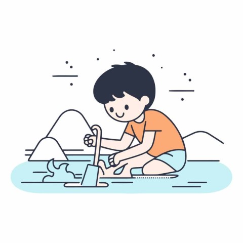 Boy playing in the water in thin line style.