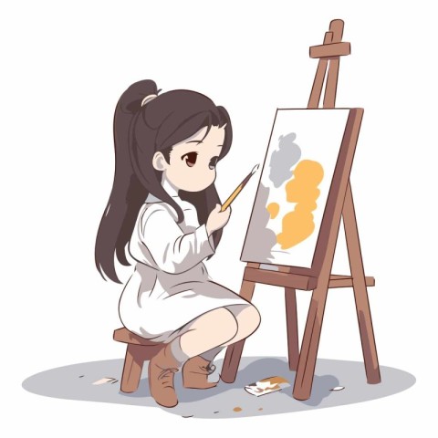 Illustration of a Cute Girl Drawing on an Easel.