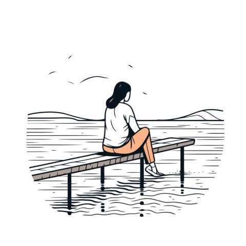 Woman sitting on a bench in the lake. Hand drawn vector illustra