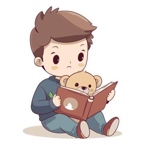 Cute boy reading a book with teddy bear.