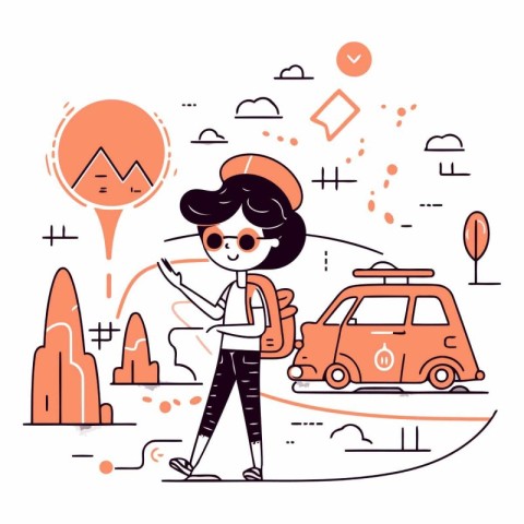 Vector illustration of a woman tourist with a backpack and a map