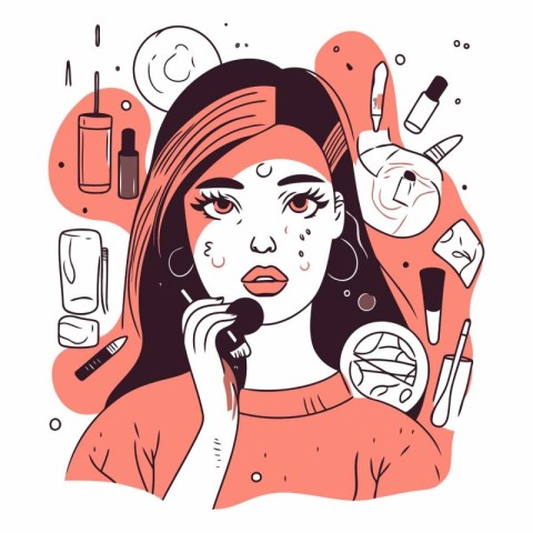 Vector illustration of a girl applying makeup on her face with c