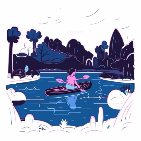 Vector illustration of a man in a kayak on the river.