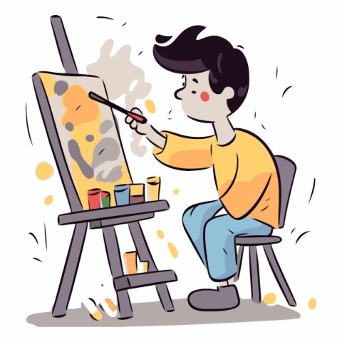 Young man painting on easel in cartoon style.