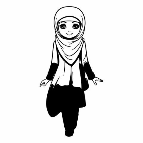 Hijab woman cartoon in black and white vector illustration graph