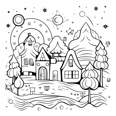 Hand drawn vector illustration of a village. Doodle style. Black