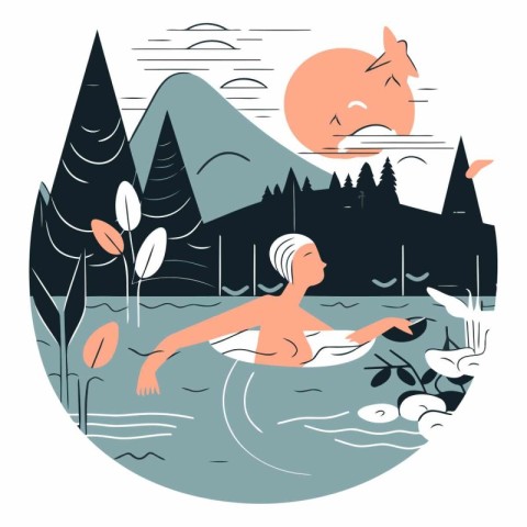 Vector illustration of a girl swimming in the river. The girl sw