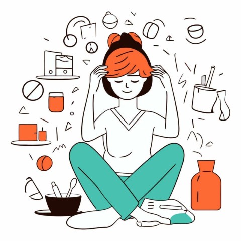 Vector illustration of a woman suffering from headache. migraine