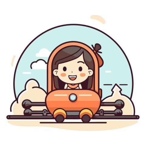 Cartoon cute little girl driving a toy train.