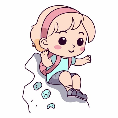 Cute little girl climbing on a rock. Cartoon vector illustration