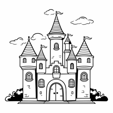 Cartoon castle. Black and white vector illustration for coloring