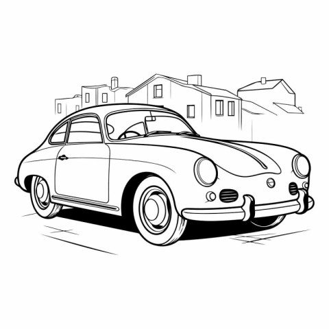 Retro car on the city street. Hand drawn vector illustration.