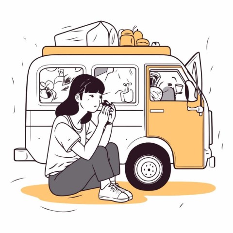 Illustration of a woman sitting in front of a yellow van eating