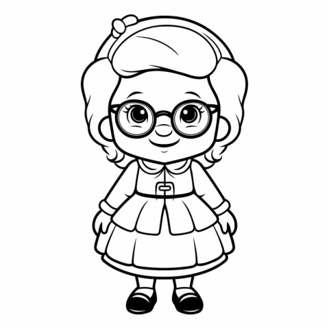 Black and White Cartoon Illustration of Cute Little Girl Student