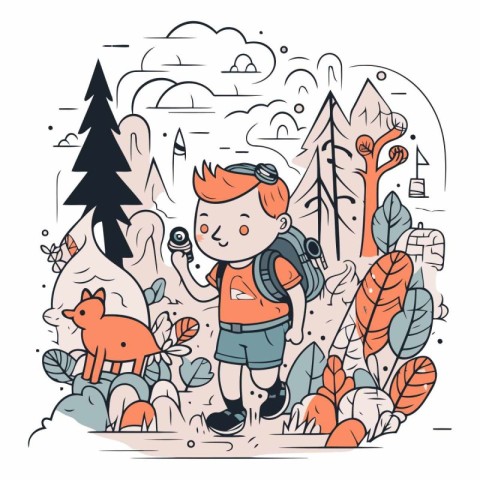 Boy hiking with a backpack in the forest in doodle style