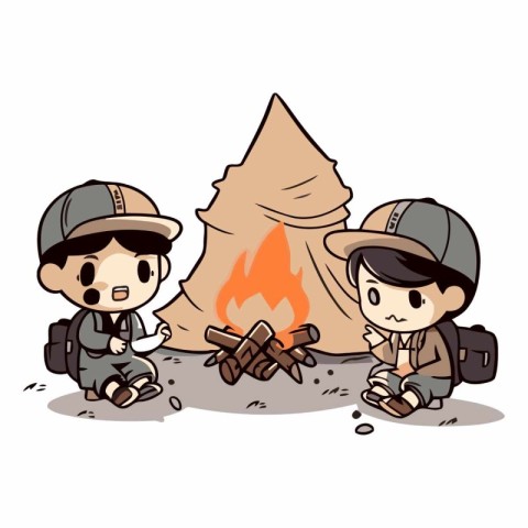 Illustration of a Kid Boy and Girl Hiking Around a Campfire