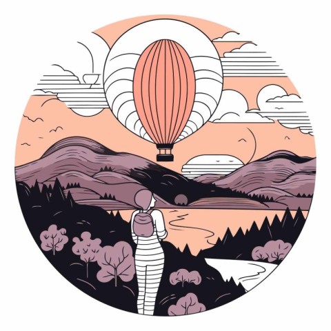 Vector illustration of a woman in a hot air balloon in the mount