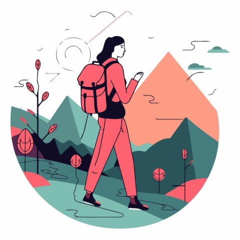 Young woman with backpack hiking in the mountains. Flat vector i