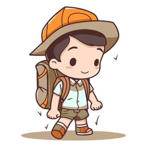 Boy scout with backpack and hat. Cartoon style.