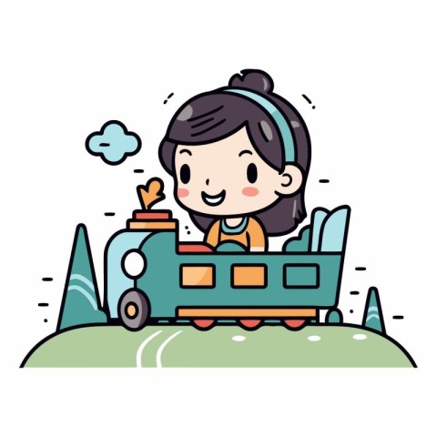 Cute little girl riding a train in the park.