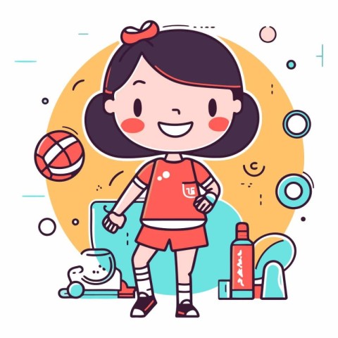 Cute little girl playing volleyball in cartoon style.